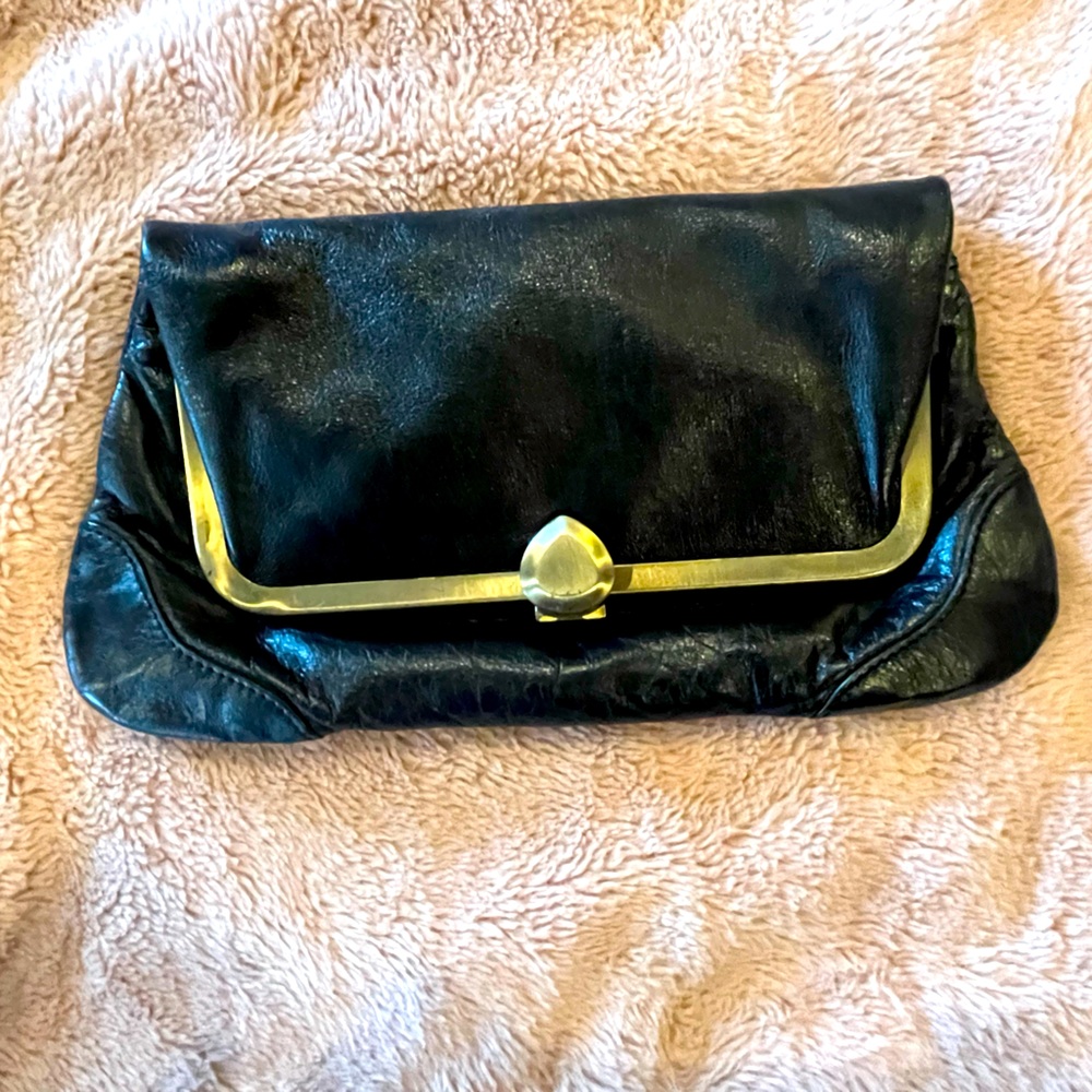 Kate Landry Black Leather Clutch with Gold Trim